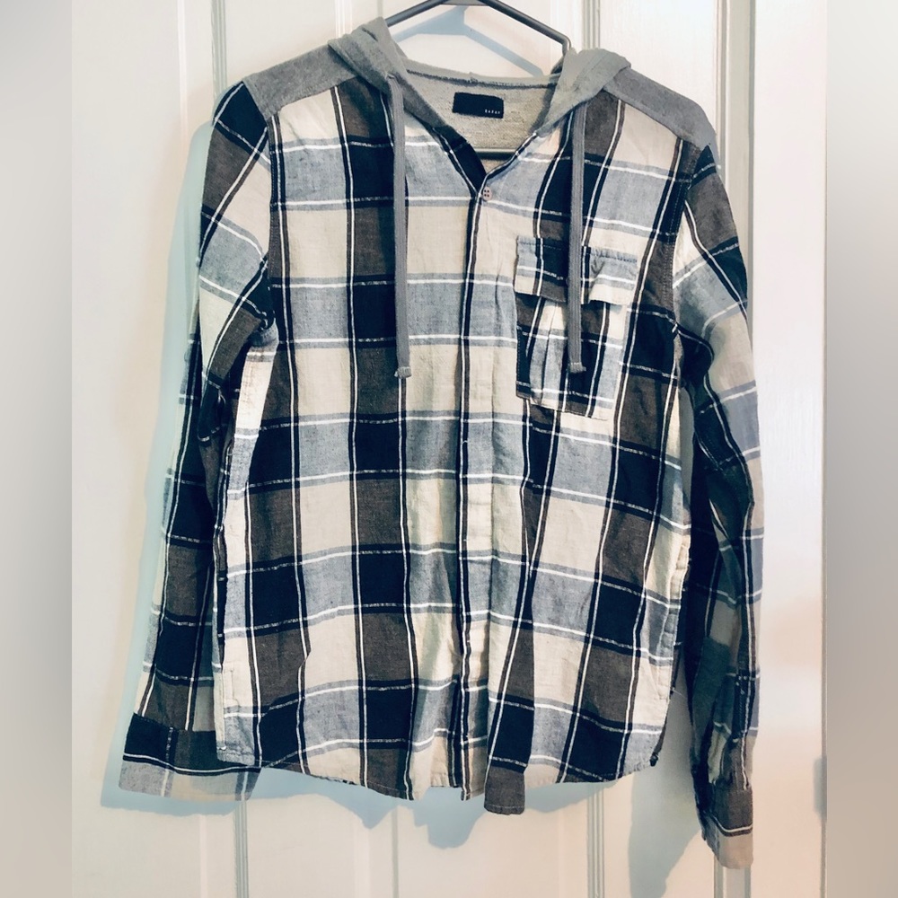 [BARAK] BNWOT Button-Down Hooded Plaid Shirt